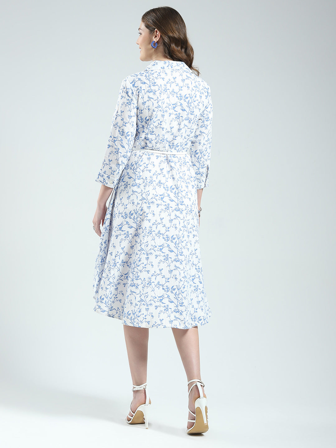 Women White Printed Round Neck 3/4th Sleeve Dress