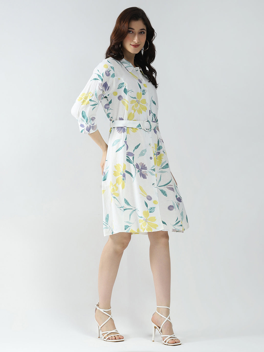 Women Off White Printed Collar 3/4th Sleeve Dress