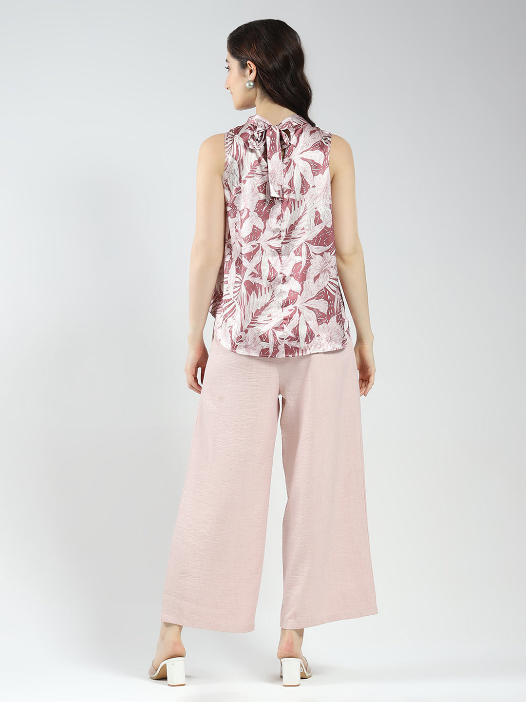 Women Pink Printed Band Neck Sleeveless Cords Set