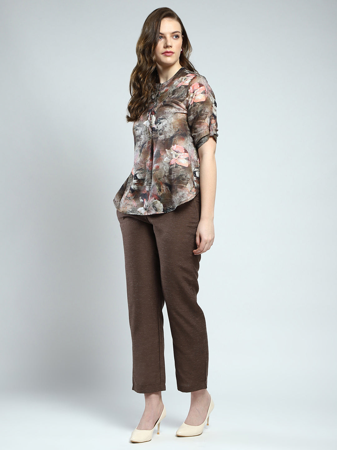Women Brown Printed Round Neck 3/4th Sleeve Cords Set