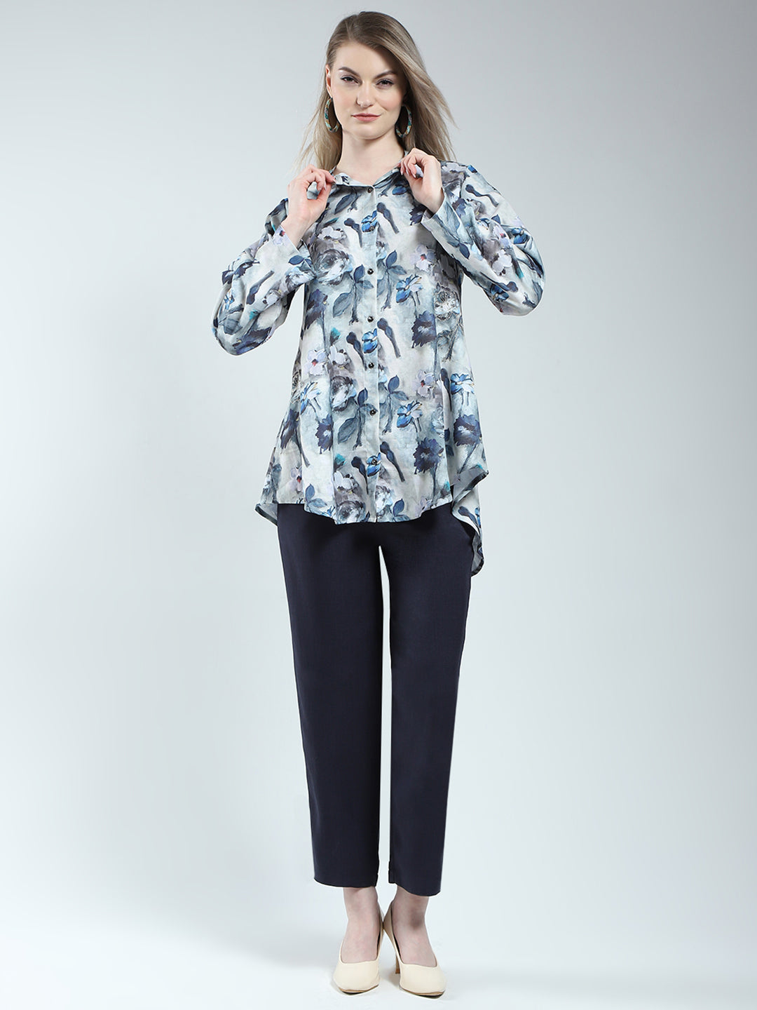 Women Blue Printed Band Neck Full Sleeve Cords Set