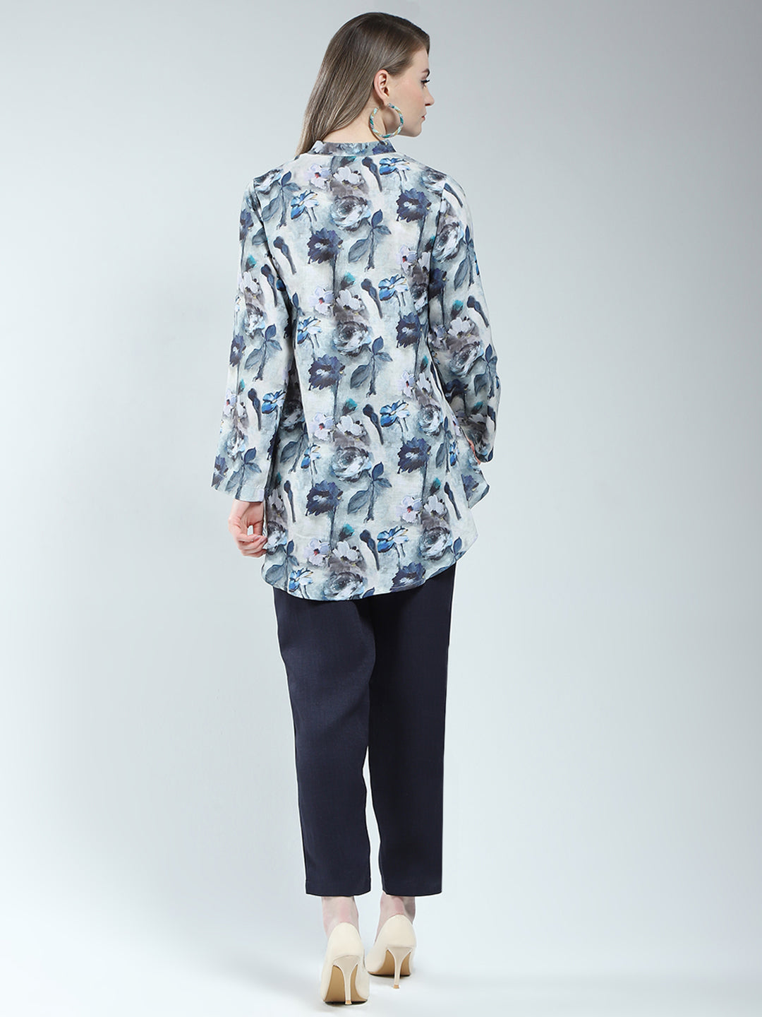 Women Blue Printed Band Neck Full Sleeve Cords Set