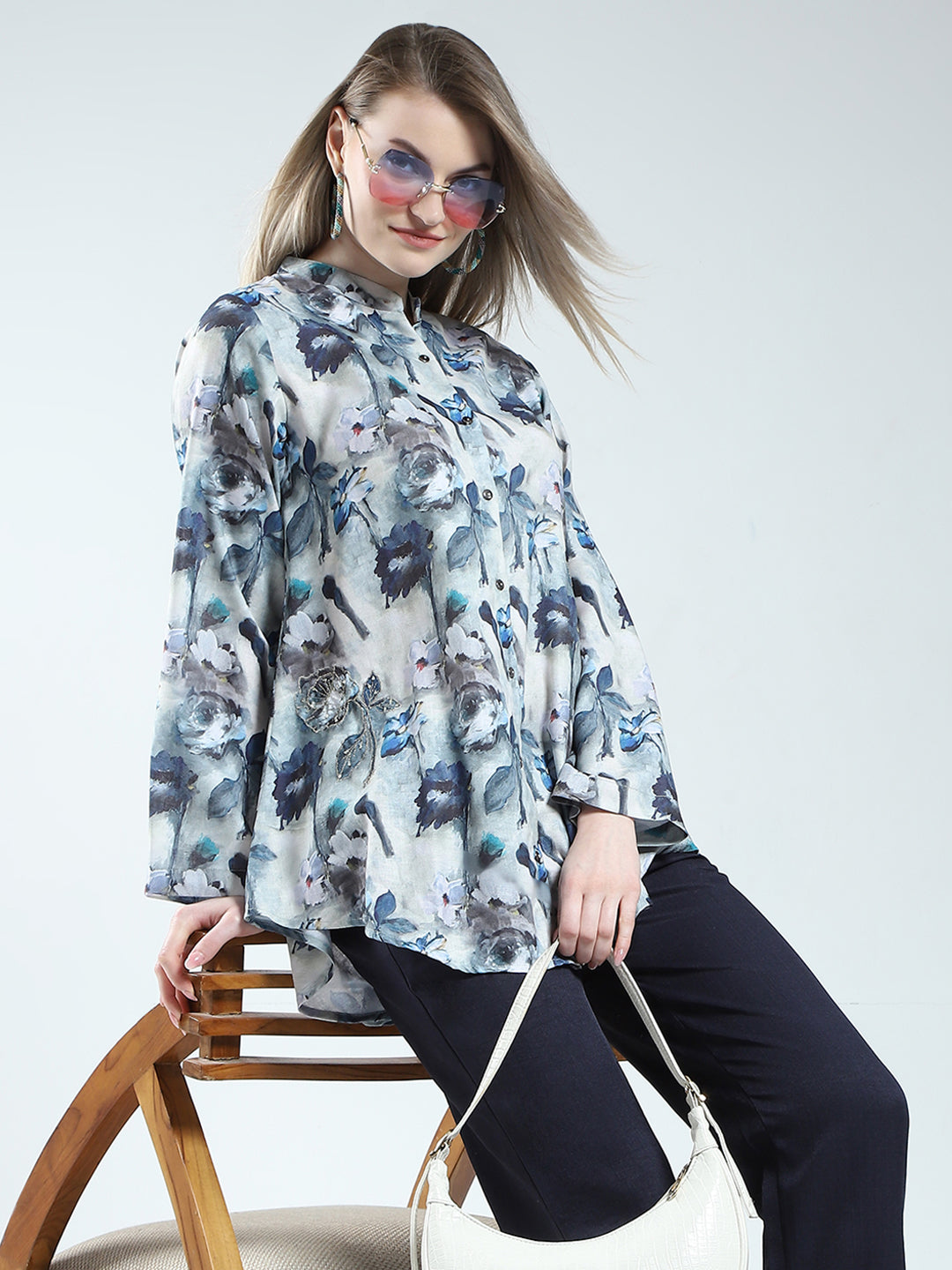 Women Blue Printed Band Neck Full Sleeve Cords Set