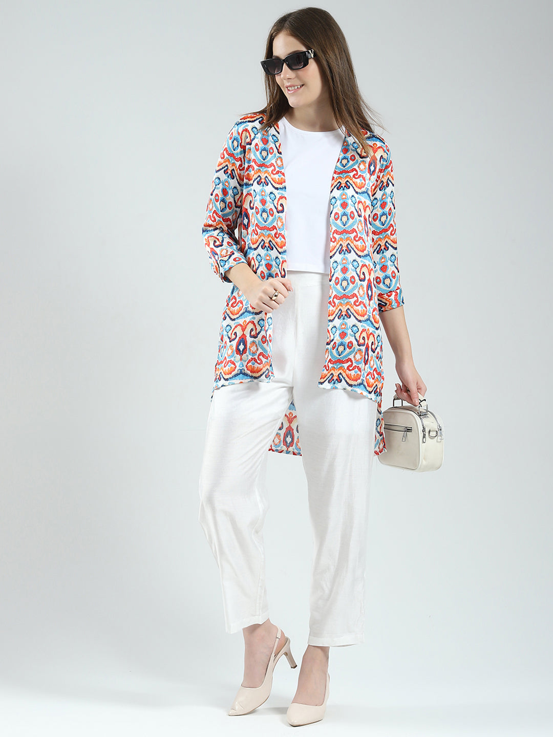 Women Off White Printed Round Neck Sleeveless 3 Pcs Cords Set