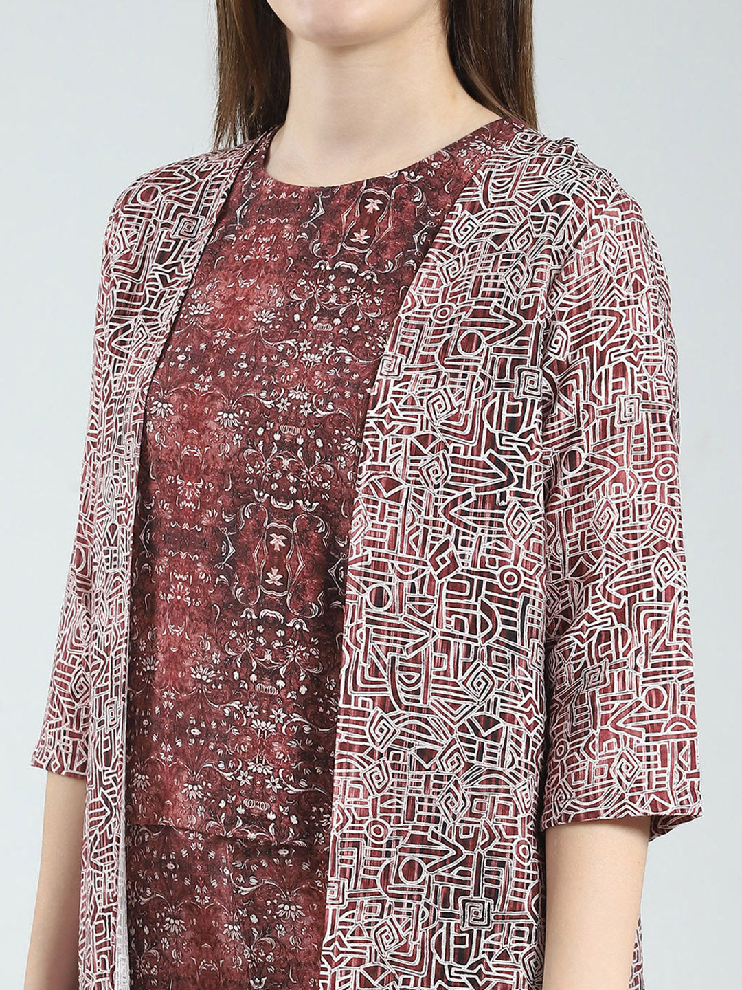 Women Maroon Printed Round Neck Sleeveless 3 Pcs Cords Set