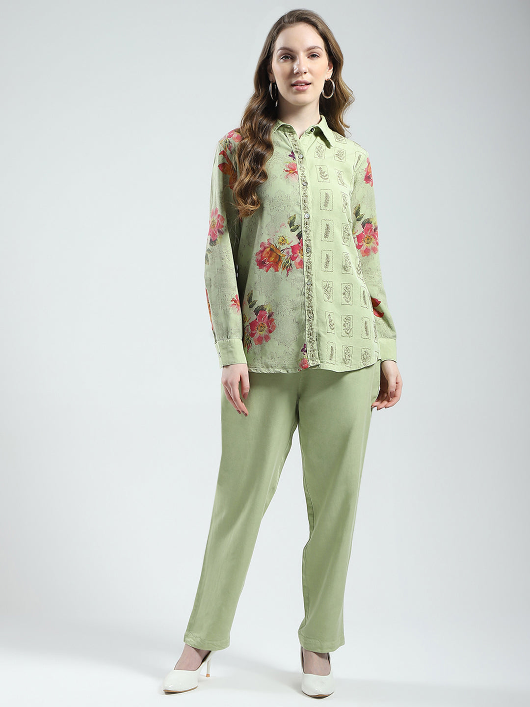 Women Green Printed Collar Full Sleeve Cords Set