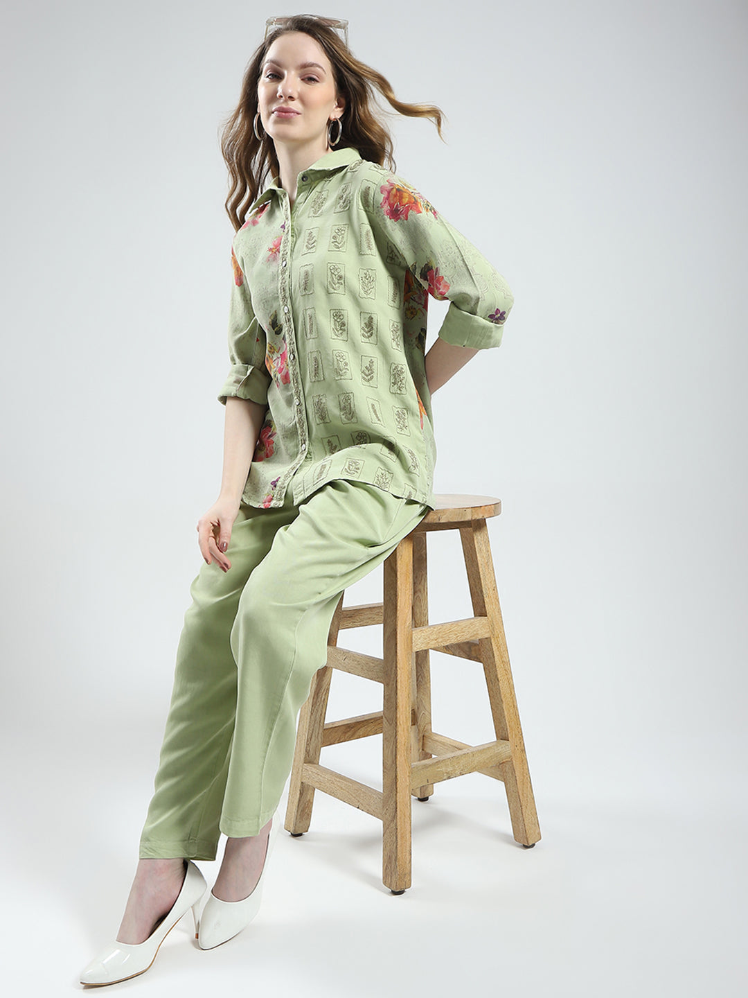 Women Green Printed Collar Full Sleeve Cords Set