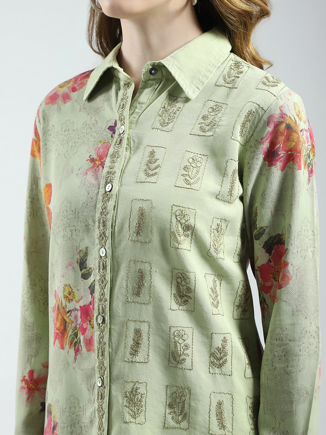 Women Green Printed Collar Full Sleeve Cords Set