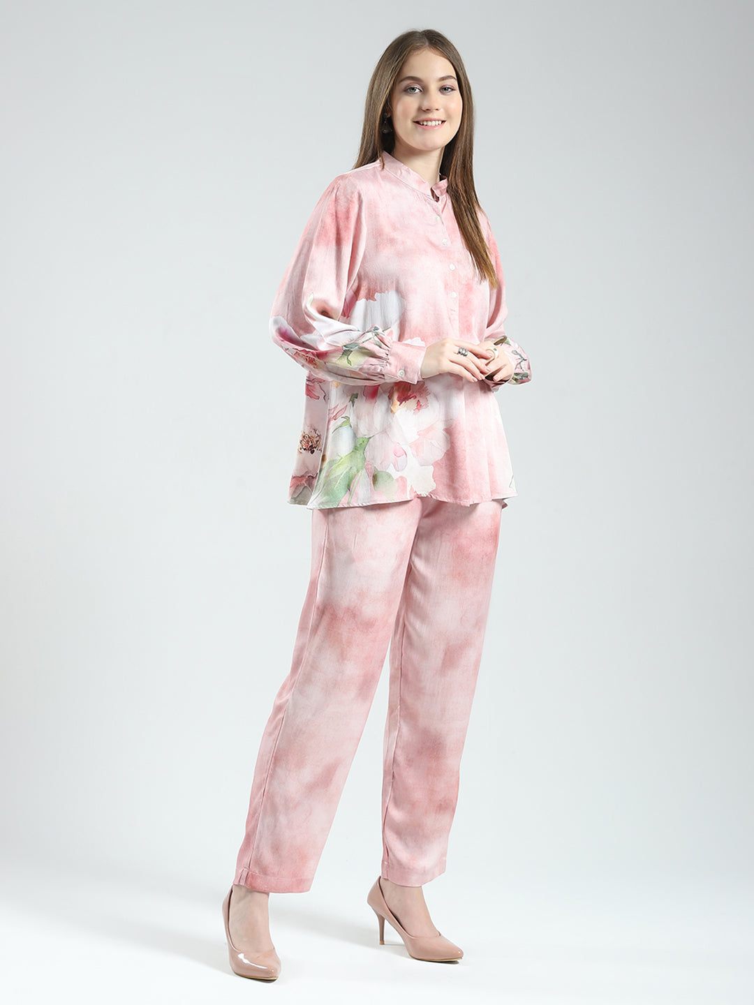 Women Pink Printed Band Neck Full Sleeve Cords Set