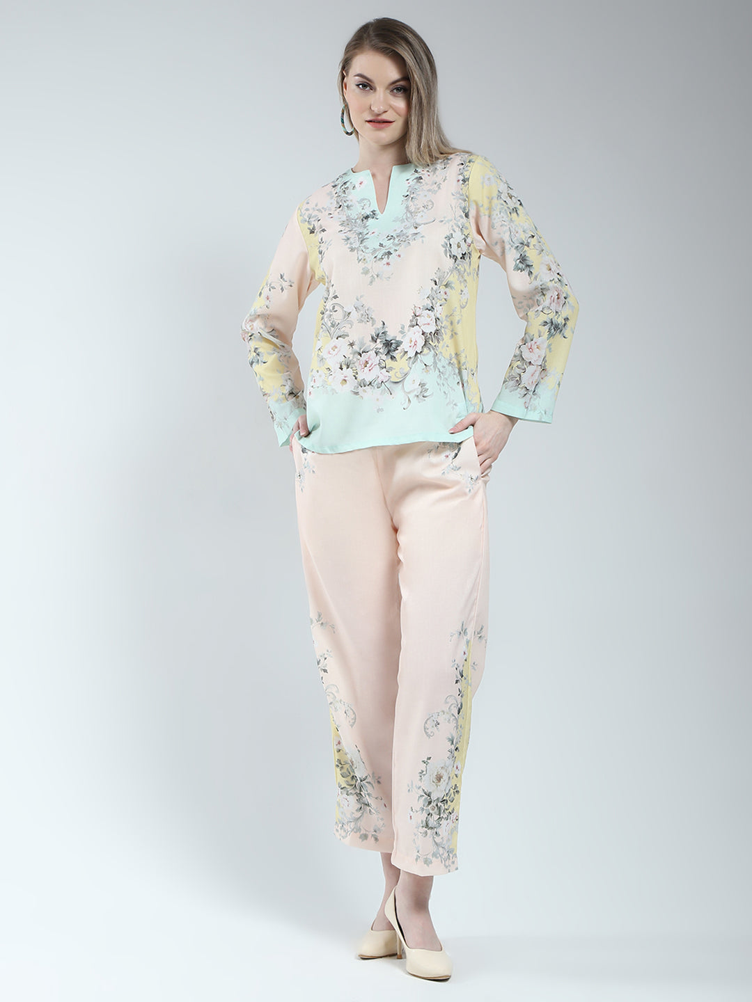 Women Beige Printed Round Neck Full Sleeve Cords Set
