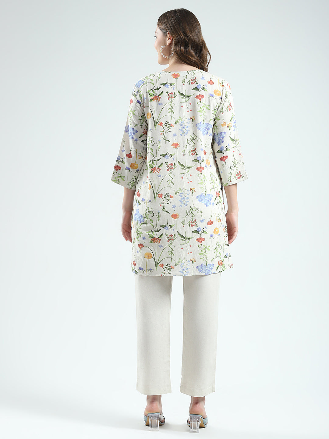 Women Beige Printed Round Neck Full Sleeve Cords Set