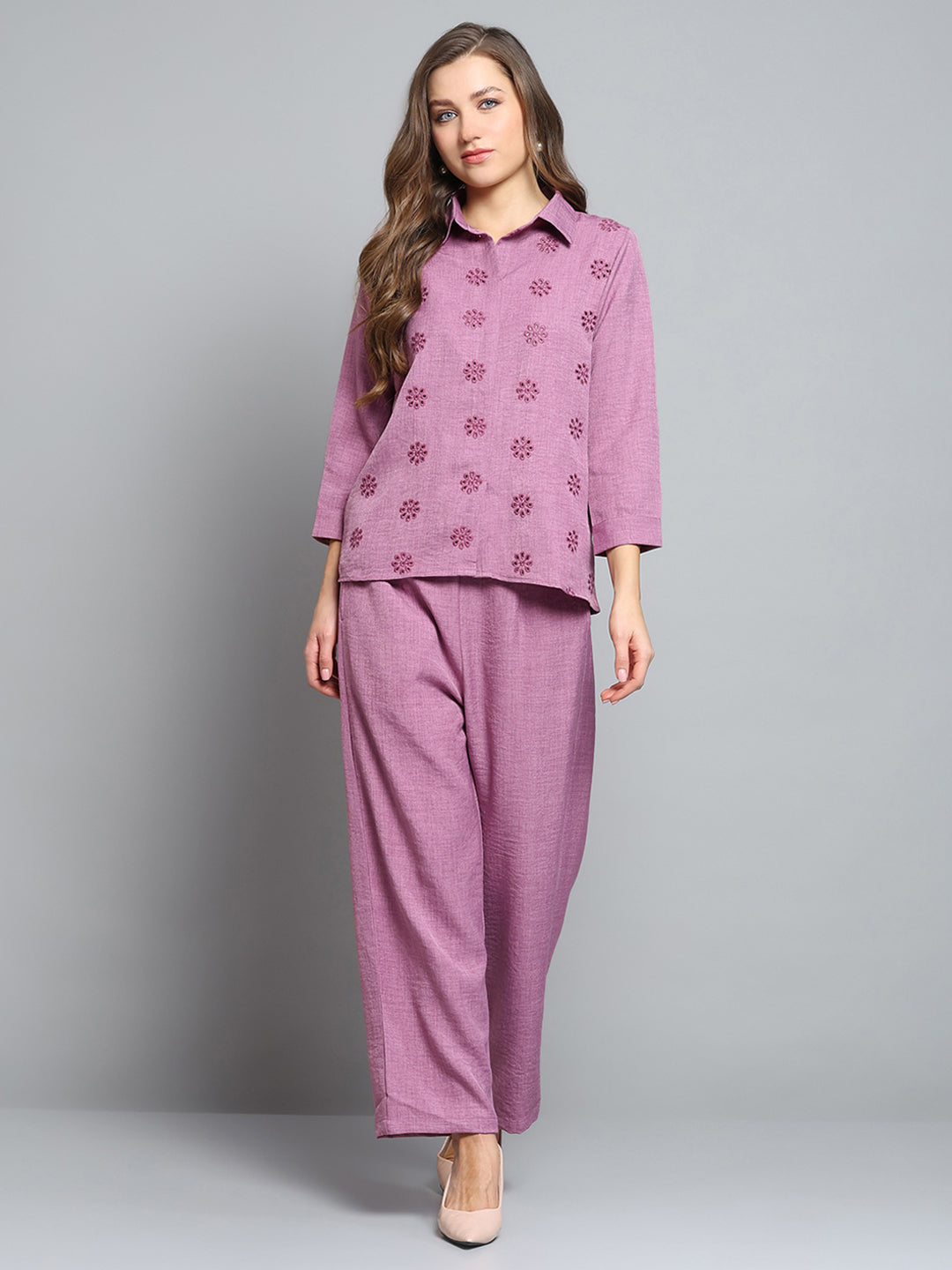 Women Pink Self Design Collar 3/4th Sleeve Cords Set