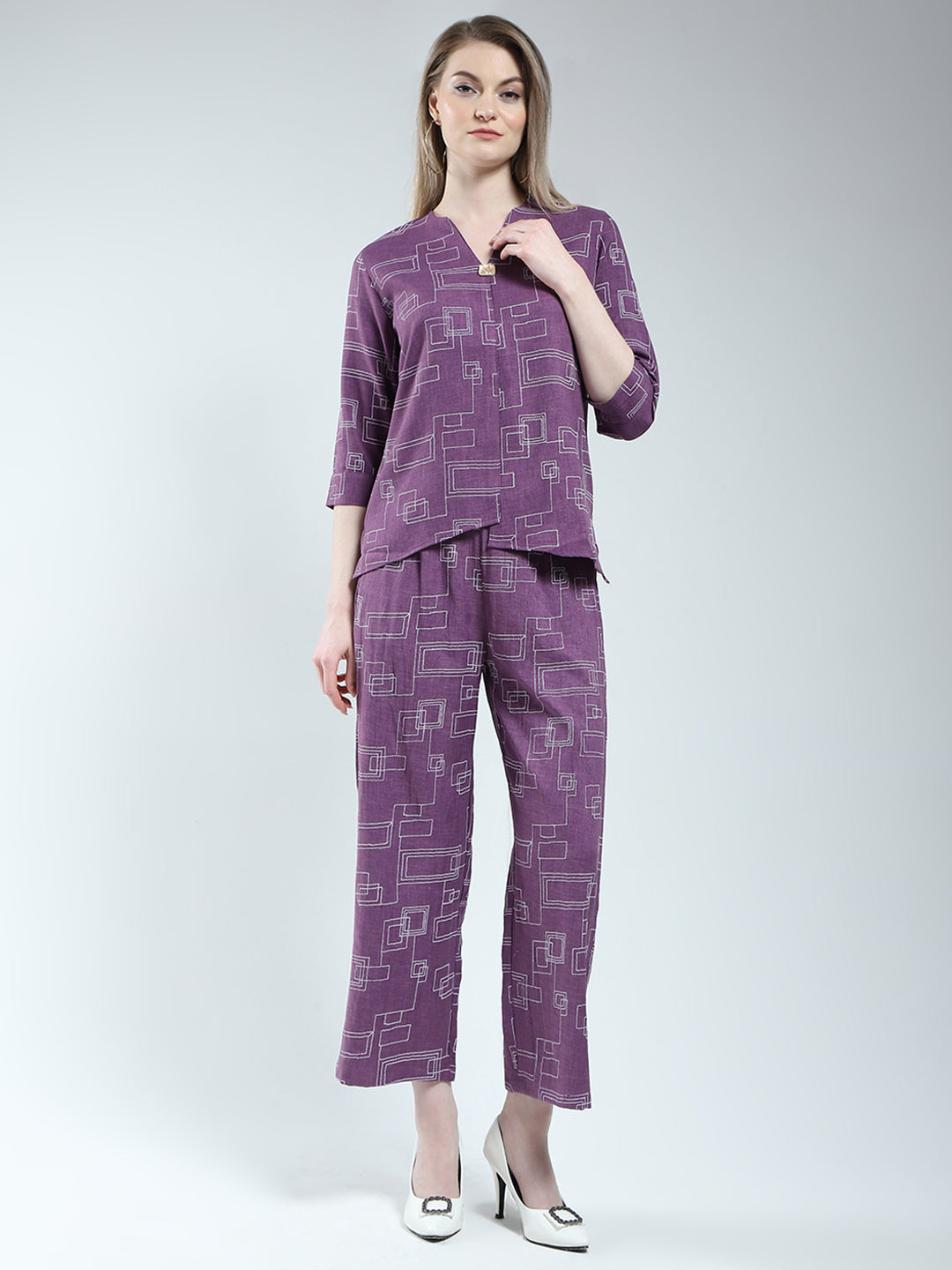 Women Purple Printed Round Neck 3/4th Sleeve Cords Set