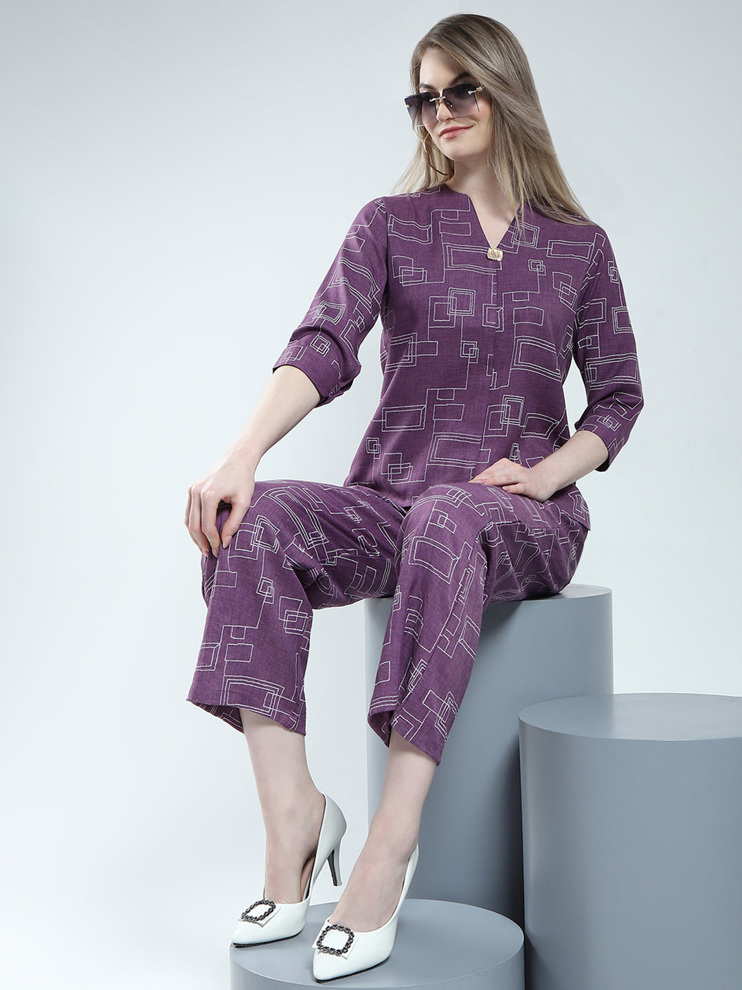 Women Purple Printed Round Neck 3/4th Sleeve Cords Set