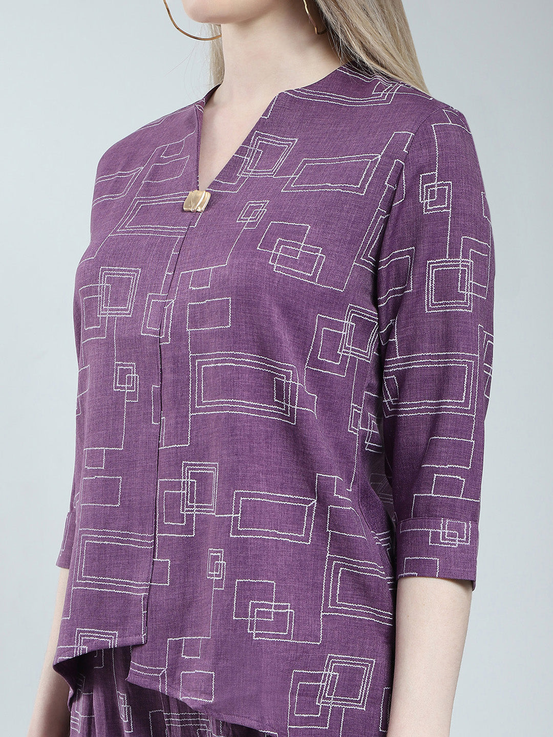 Women Purple Printed Round Neck 3/4th Sleeve Cords Set