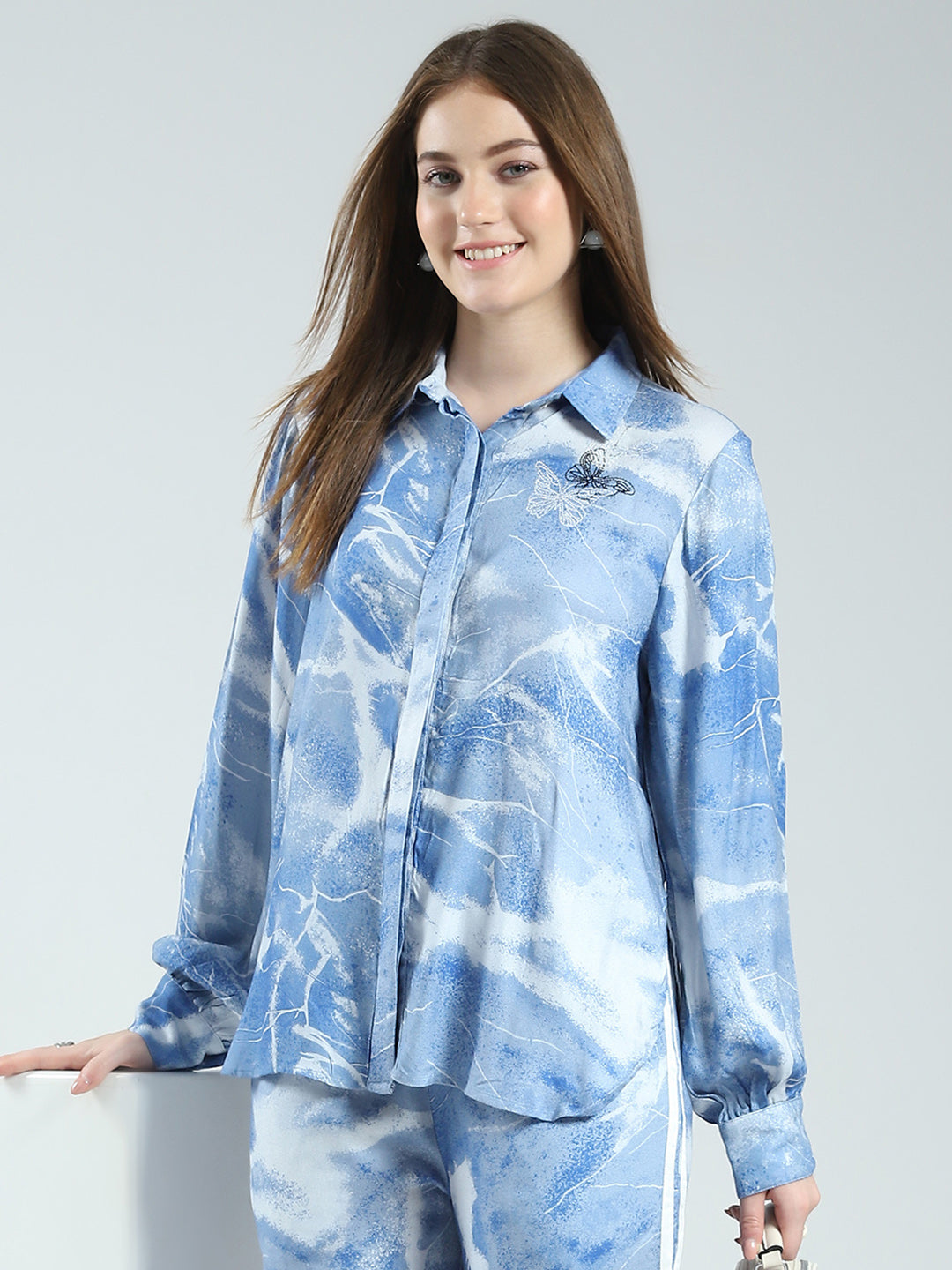 Women Blue Printed Collar Full Sleeve Cords Set