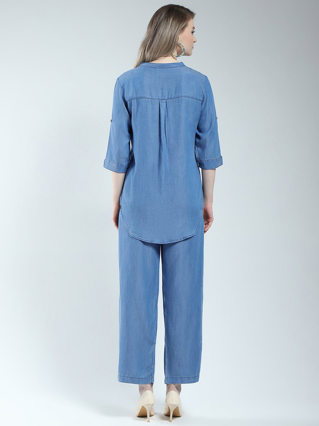Women Blue Solid Round Neck 3/4th Sleeve Cords Set