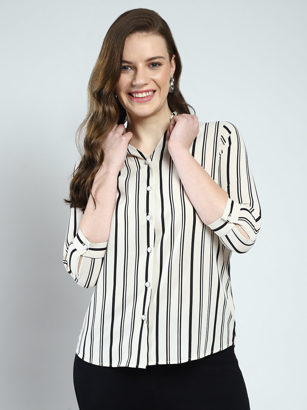 Women White Stripe Front Open 3/4th Sleeve Shirt