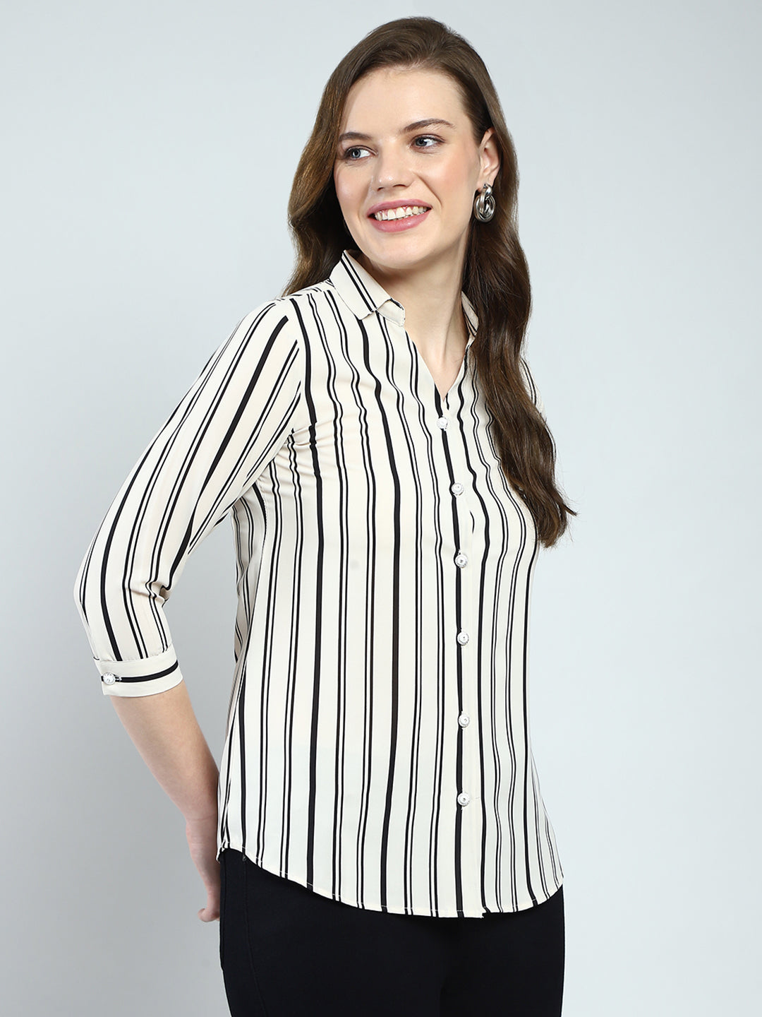 Women White Stripe Front Open 3/4th Sleeve Shirt