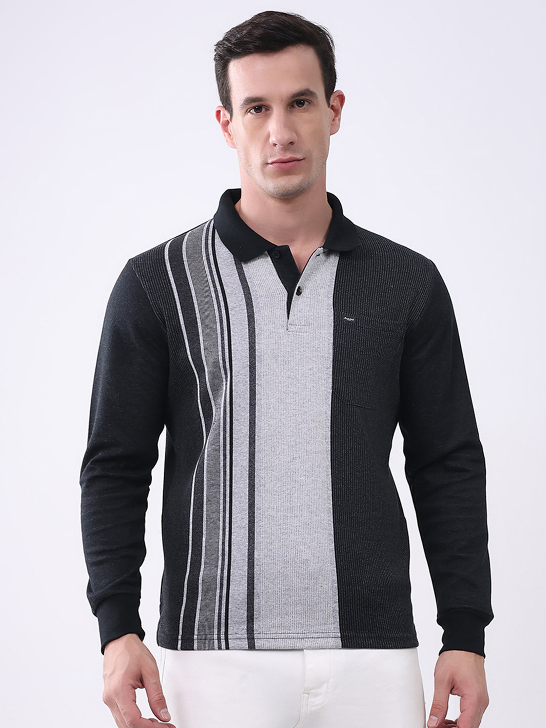 Men Black Stripe Collar Full Sleeve Winter T-Shirt
