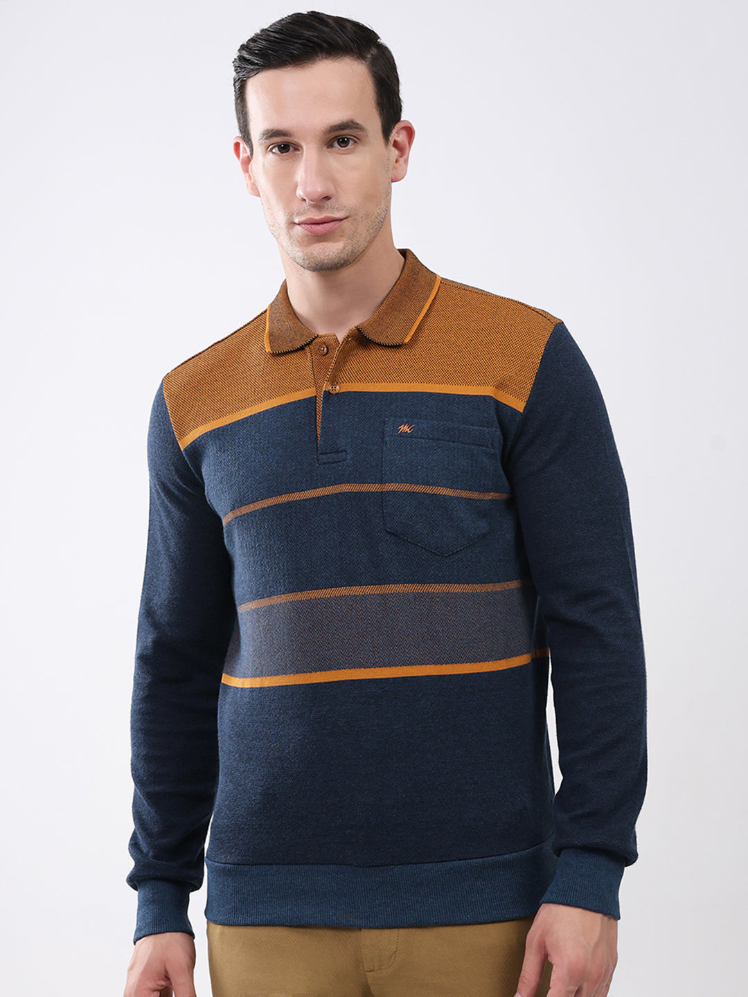 Men Navy Blue Stripe Collar Full Sleeve Winter T-Shirt