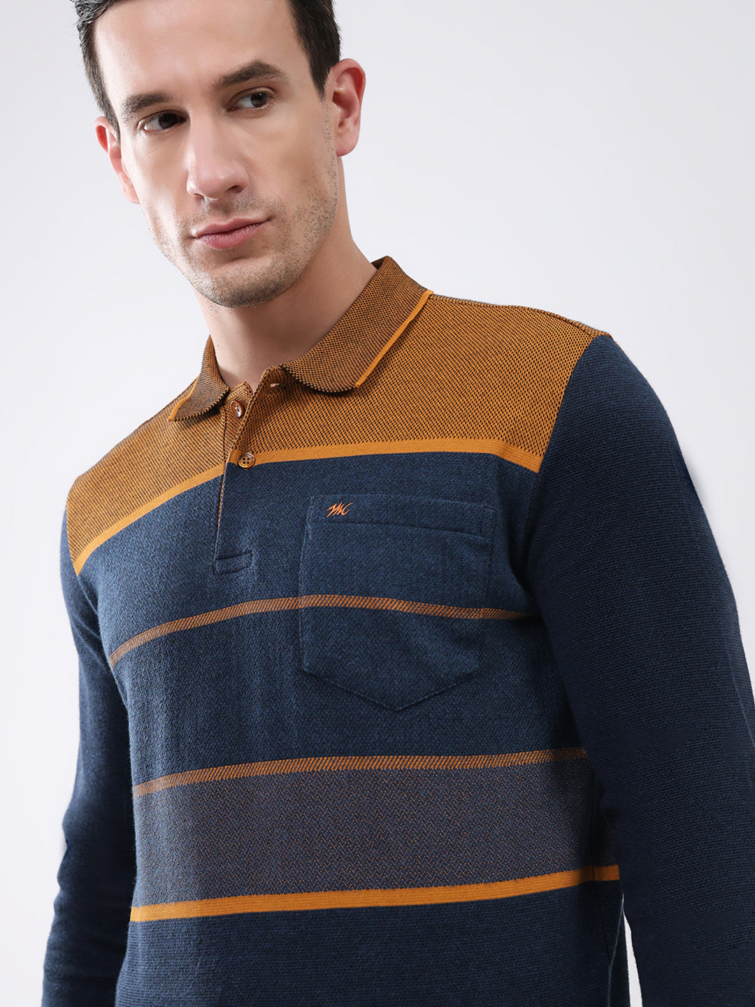 Men Navy Blue Stripe Collar Full Sleeve Winter T-Shirt