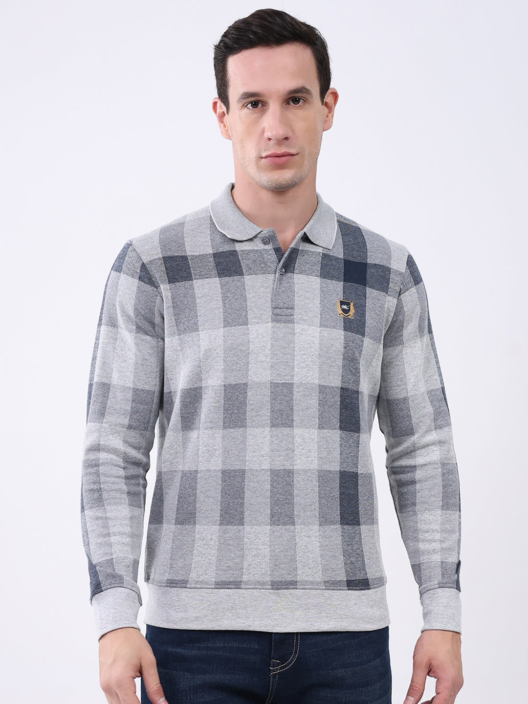Men Grey Check Collar Full Sleeve Winter T-Shirt