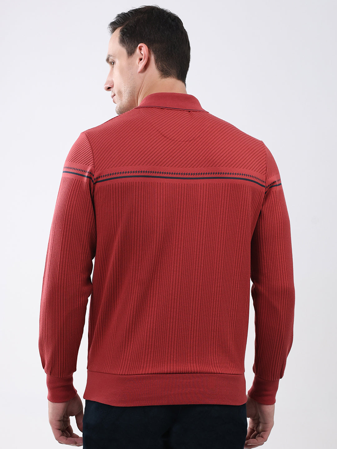 Men Red Self Design Collar Full Sleeve Winter T-Shirt