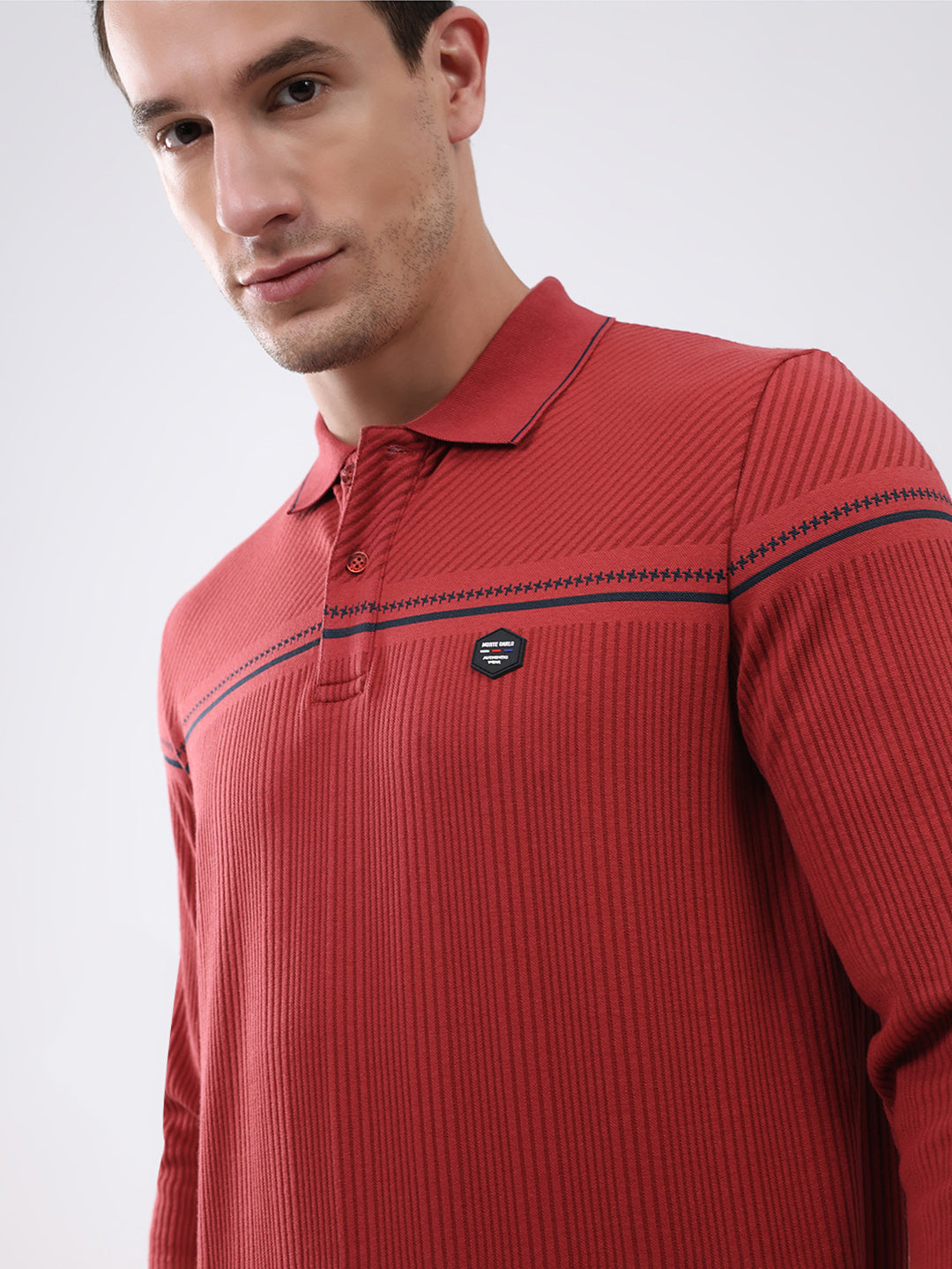 Men Red Self Design Collar Full Sleeve Winter T-Shirt