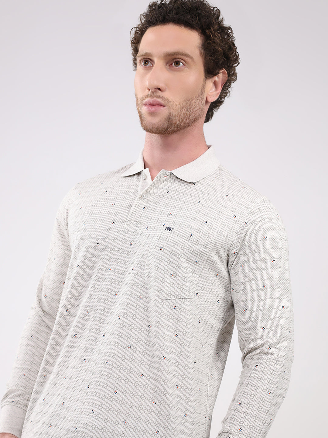Men White Printed Collar Full Sleeve Winter T-Shirt
