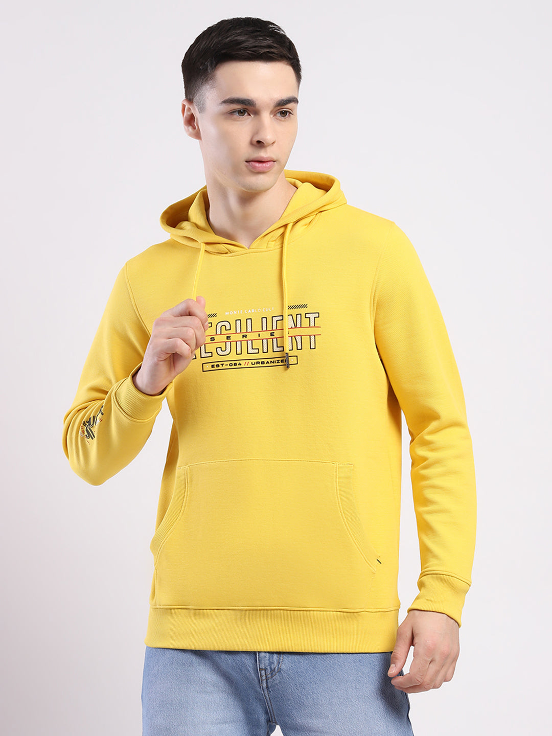Men Yellow Printed Hooded Full Sleeve Winter T-Shirt
