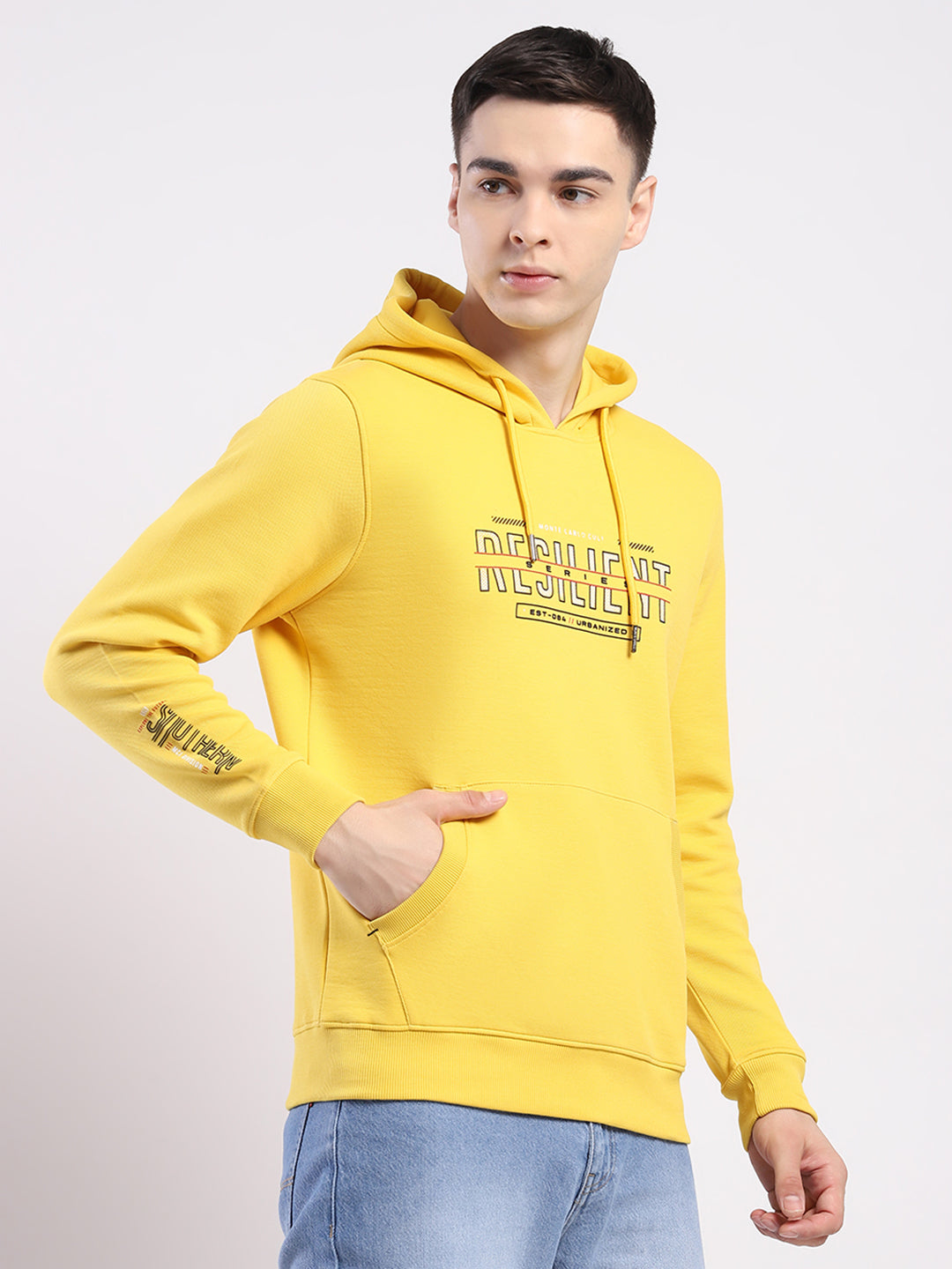 Men Yellow Printed Hooded Full Sleeve Winter T-Shirt
