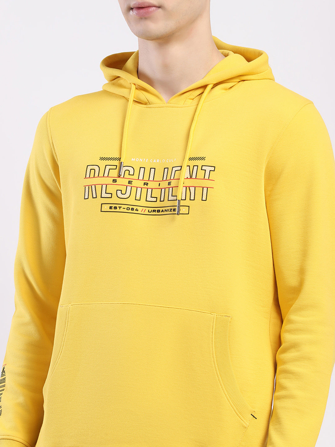 Men Yellow Printed Hooded Full Sleeve Winter T-Shirt