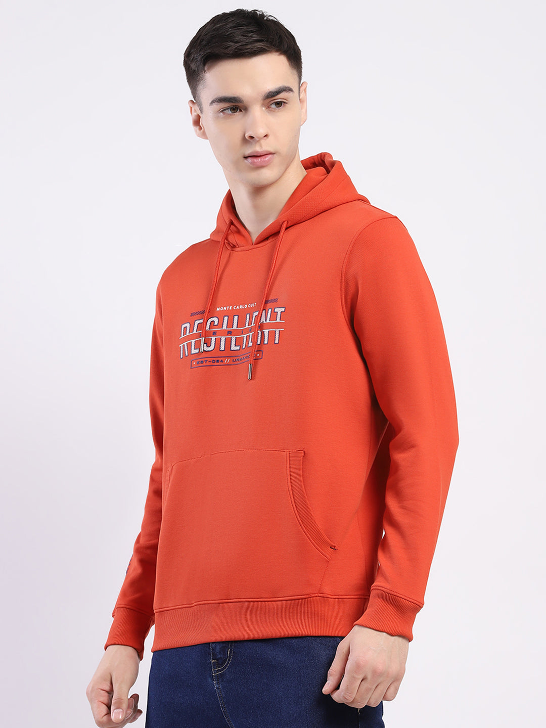 Men Rust Printed Hooded Full Sleeve Winter T-Shirt