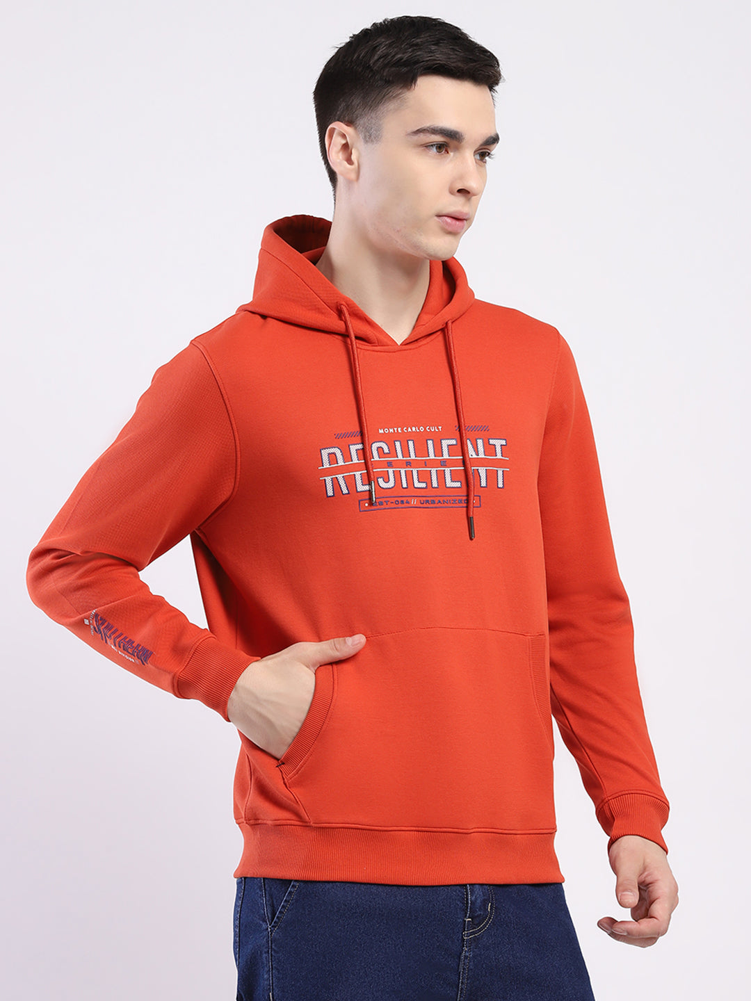 Men Rust Printed Hooded Full Sleeve Winter T-Shirt