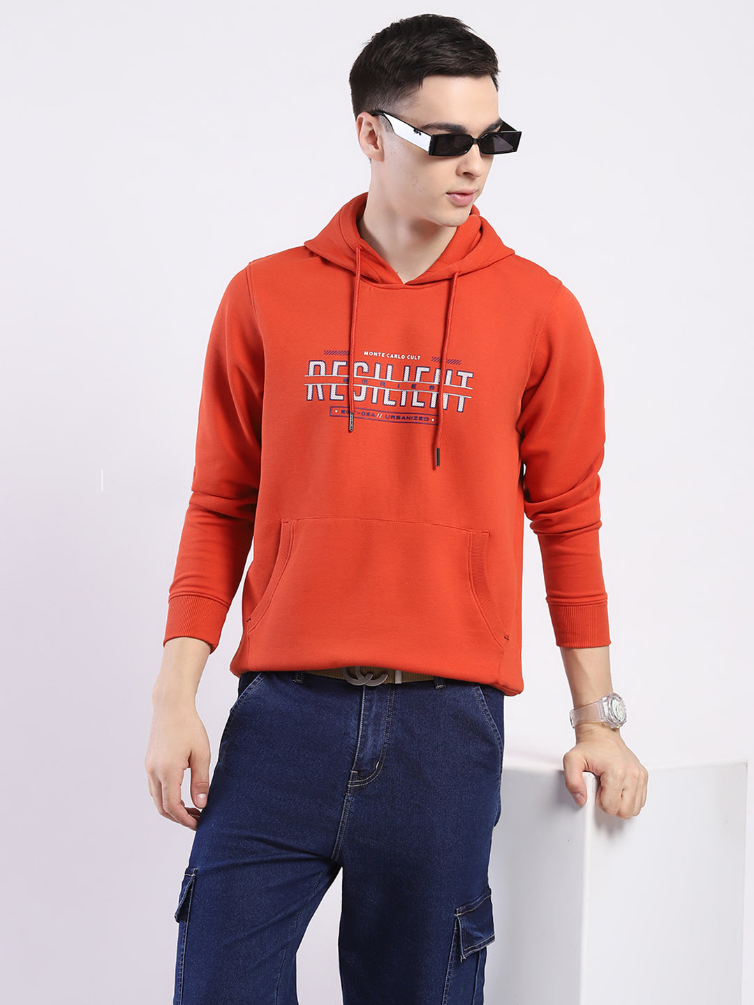 Men Rust Printed Hooded Full Sleeve Winter T-Shirt