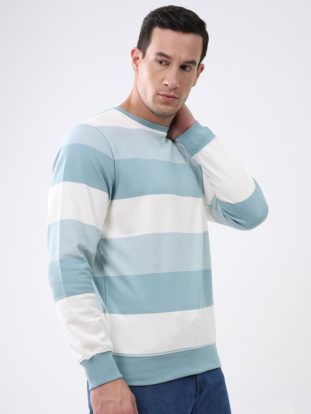Men Blue Stripe Round Neck Full Sleeve Winter T-Shirt