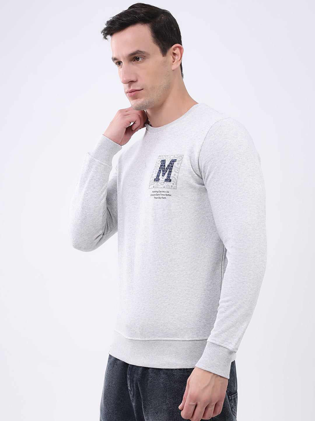 Men Grey Solid Round Neck Full Sleeve Winter T-Shirt