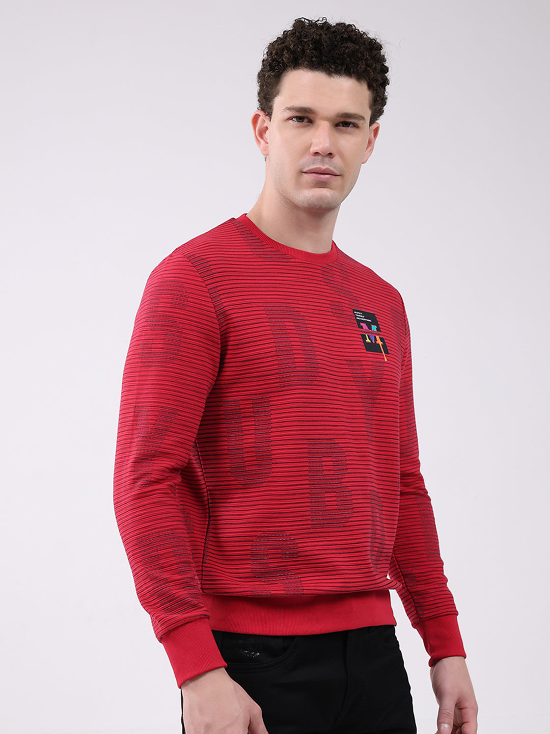 Men Red Printed Round Neck Full Sleeve Winter T-Shirt