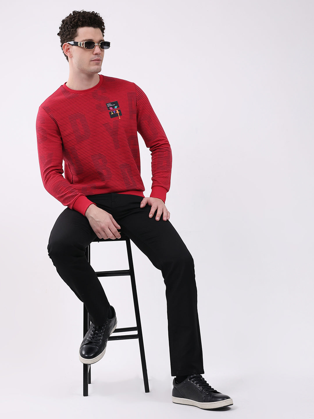 Men Red Printed Round Neck Full Sleeve Winter T-Shirt