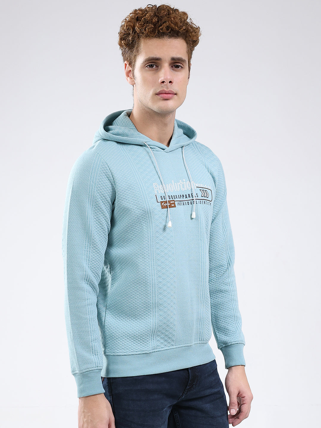 Men Blue Printed Hooded Full Sleeve Sweatshirt