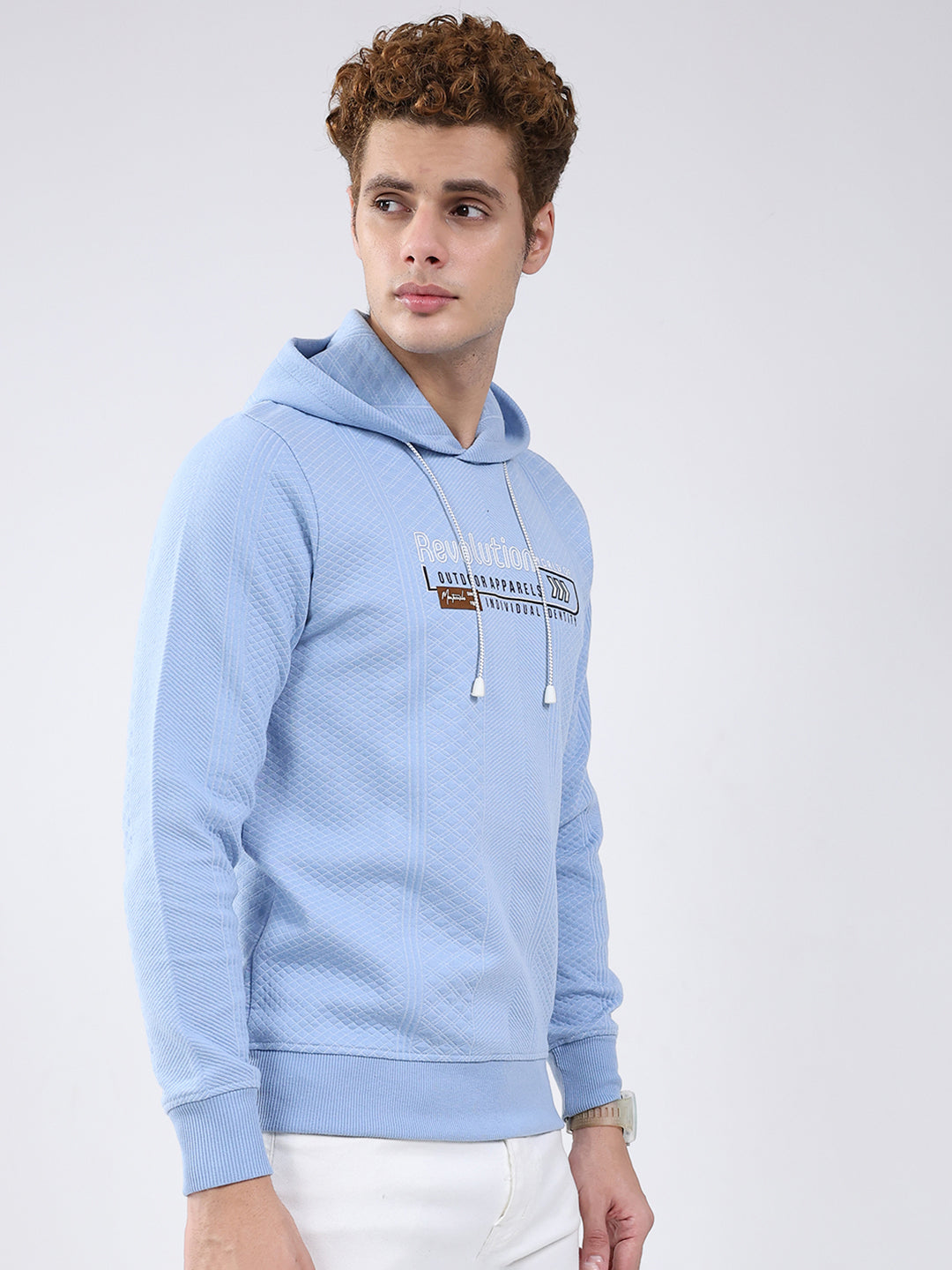 Men Sky Blue Printed Hooded Full Sleeve Sweatshirt