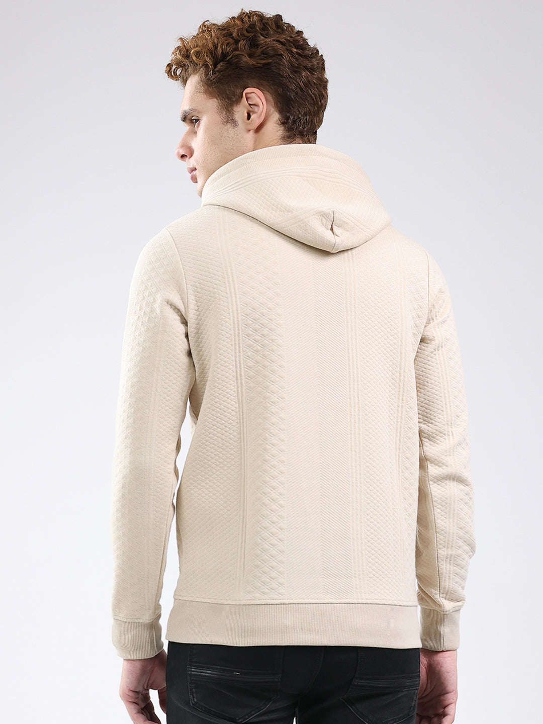 Men Beige Printed Hooded Full Sleeve Sweatshirt