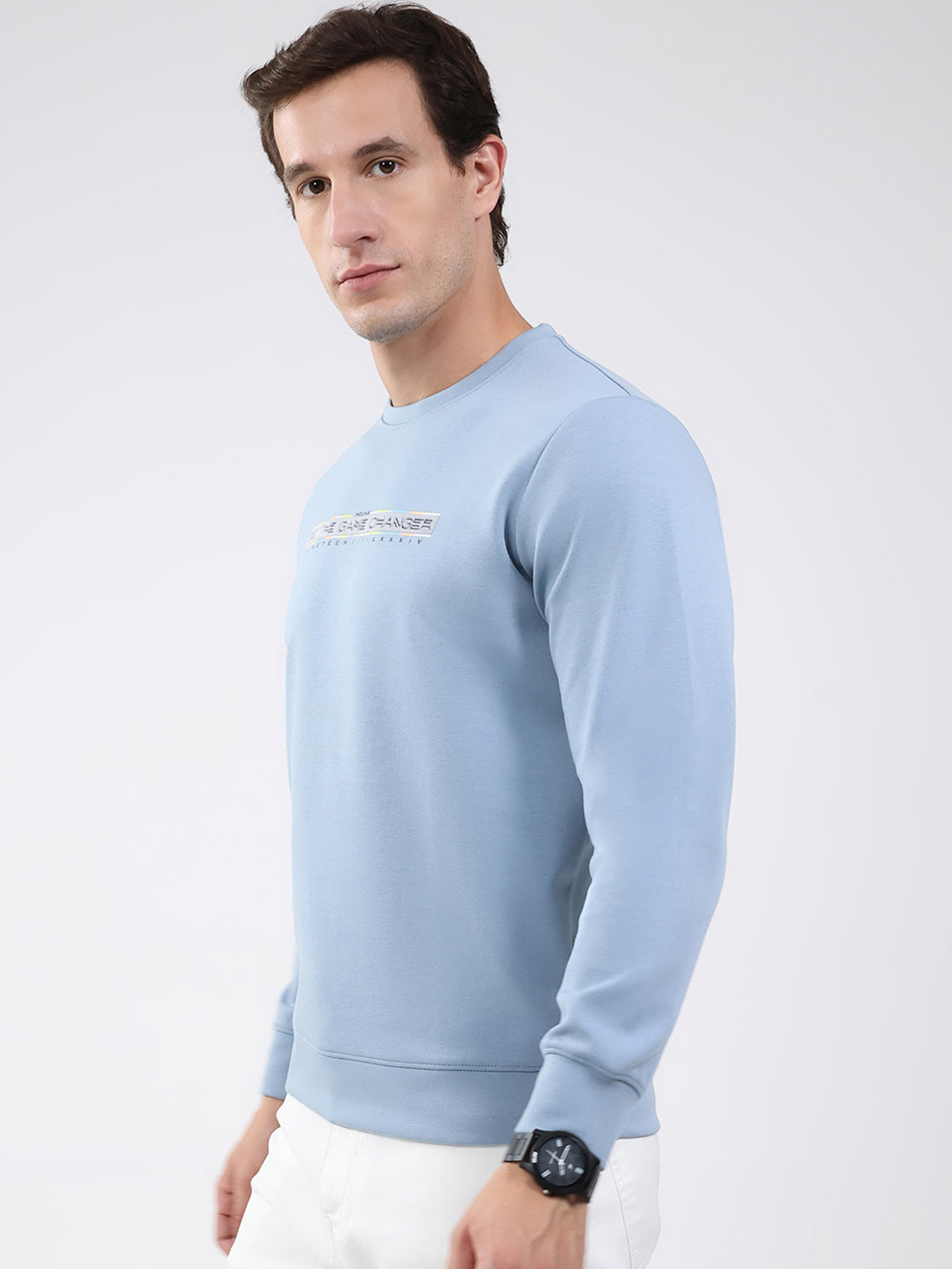 Men Sky Blue Solid Round Neck Full Sleeve Sweatshirt
