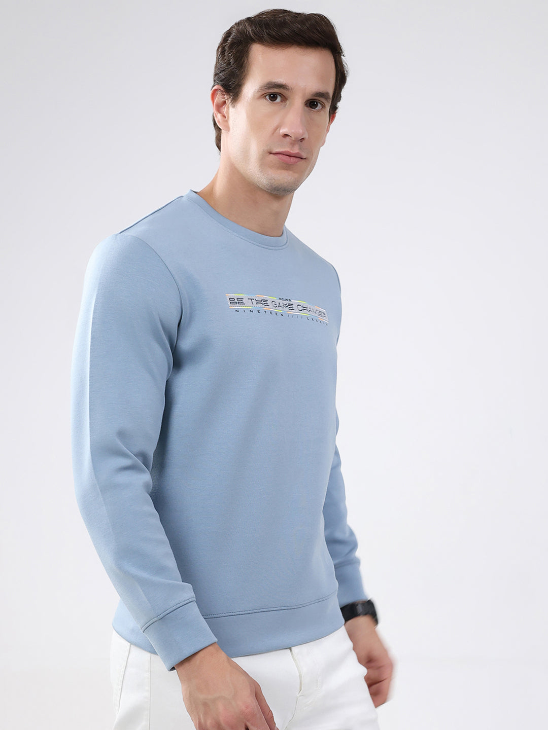 Men Sky Blue Solid Round Neck Full Sleeve Sweatshirt