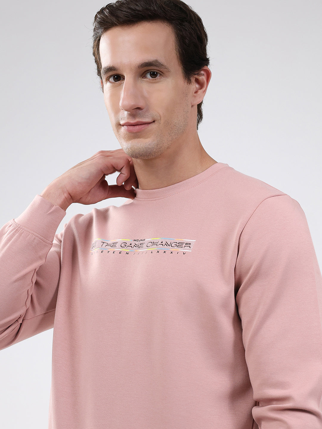 Men Peach Solid Round Neck Full Sleeve Sweatshirt