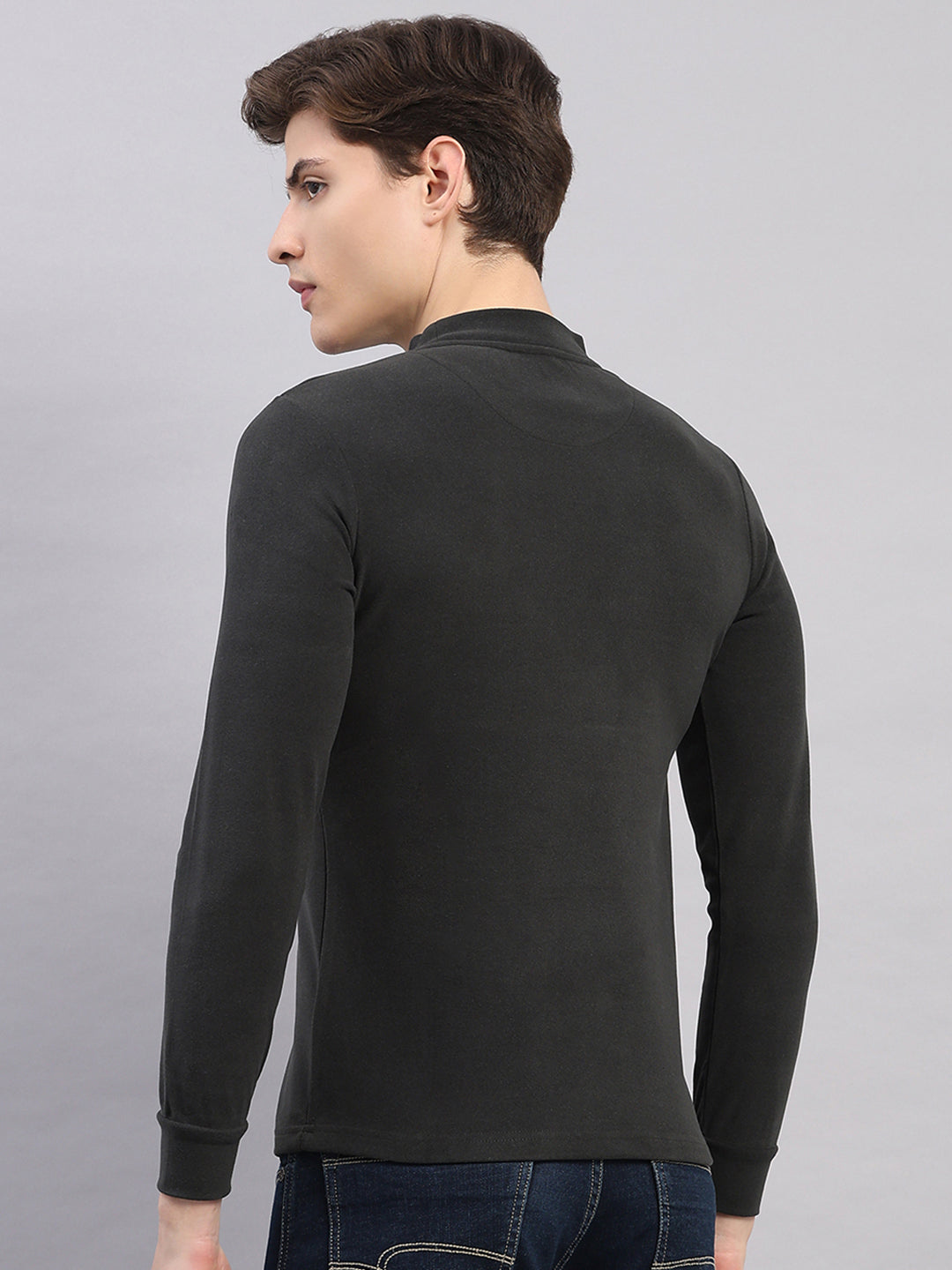 Men Charcoal Solid Round Neck Full Sleeve Winter T-Shirt