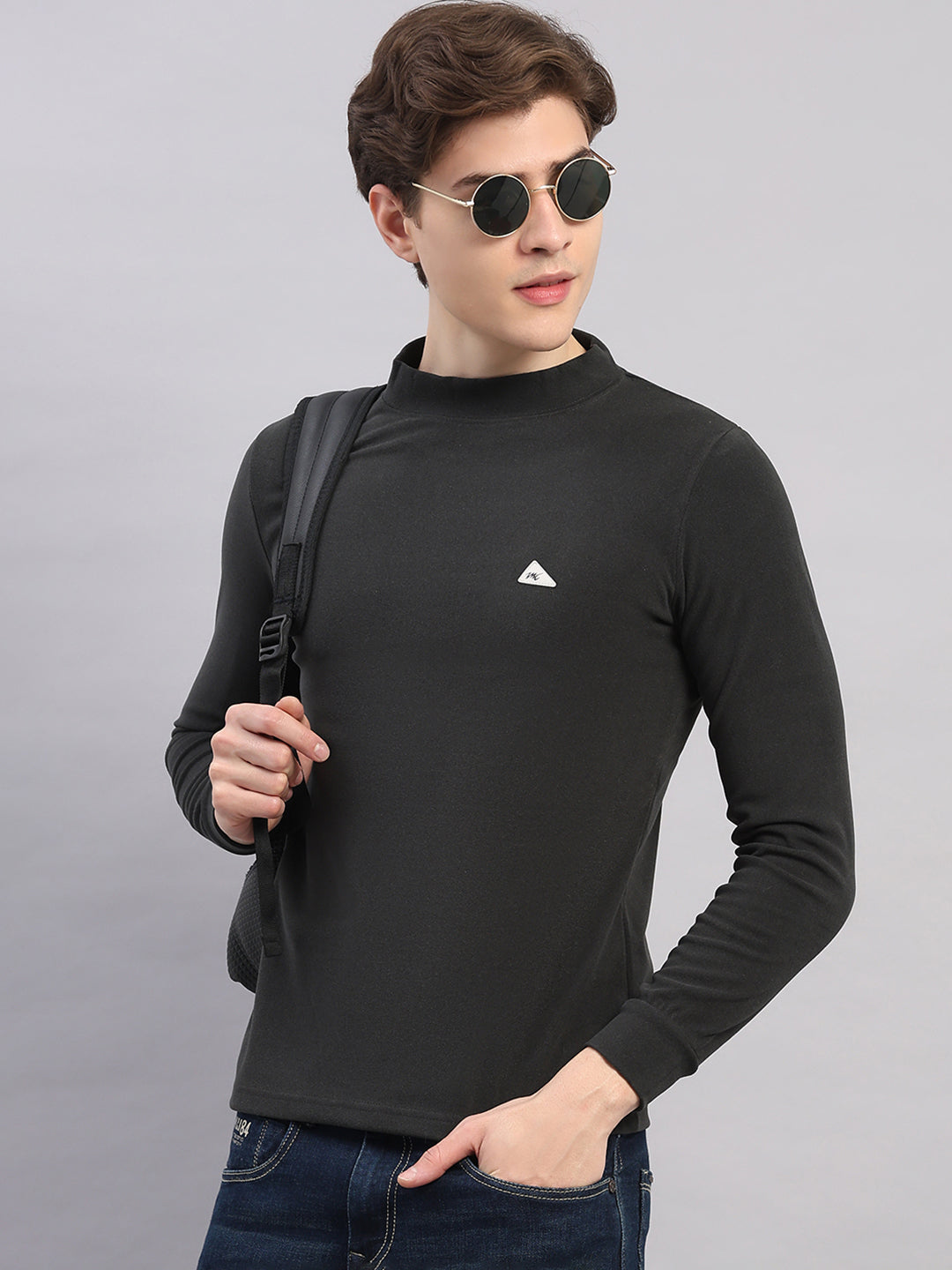 Men Charcoal Solid Round Neck Full Sleeve Winter T-Shirt