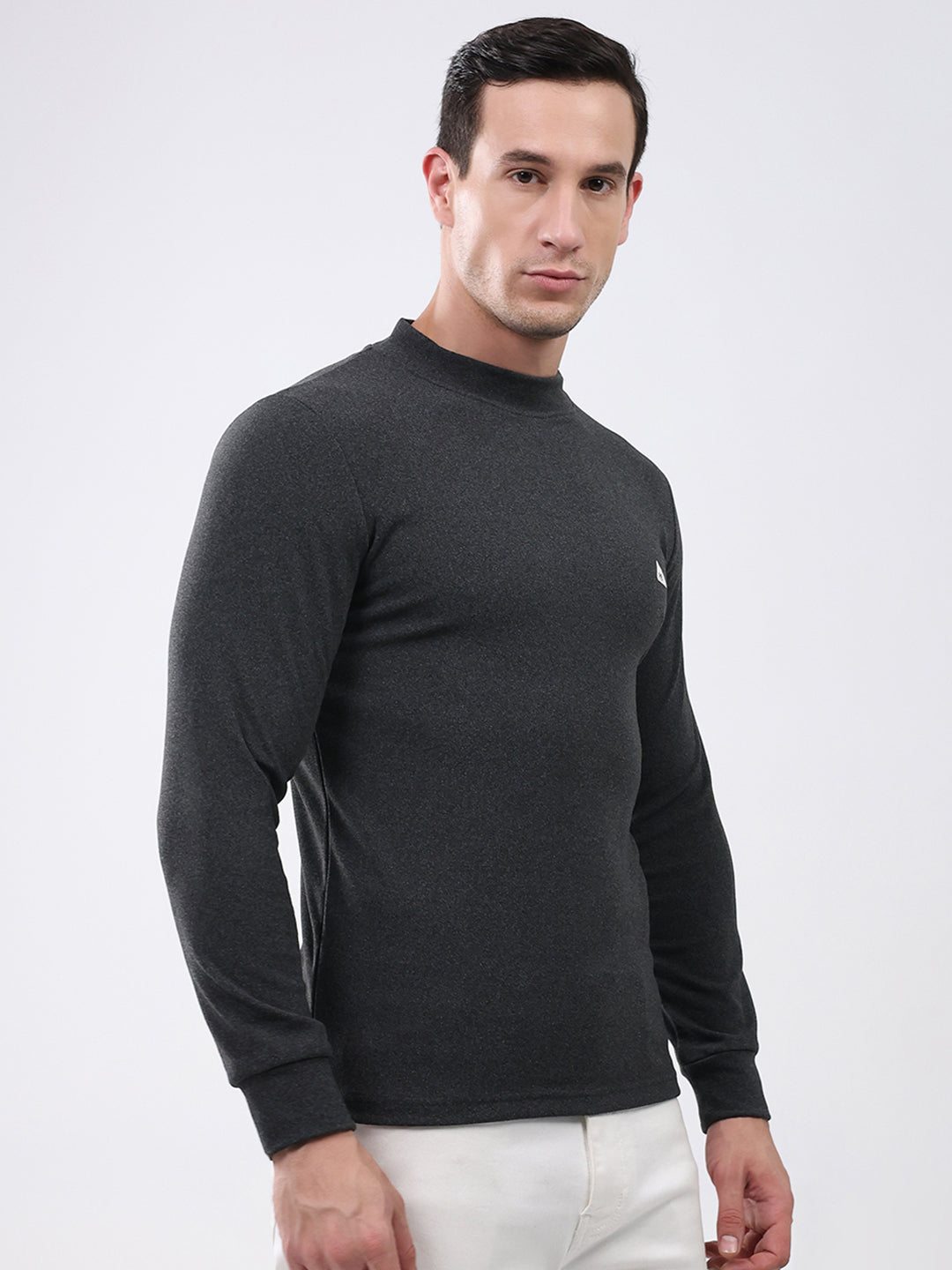 Men Charcoal Solid Round Neck Full Sleeve Winter T-Shirt
