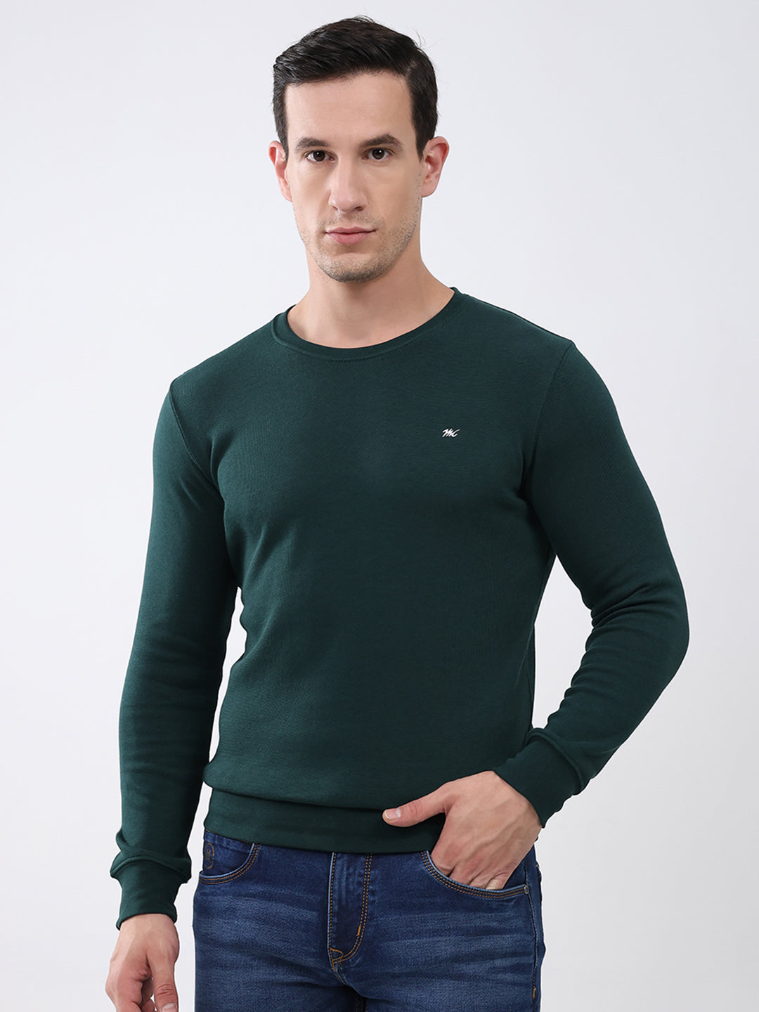 Men Green Solid Round Neck Full Sleeve Winter T-Shirt